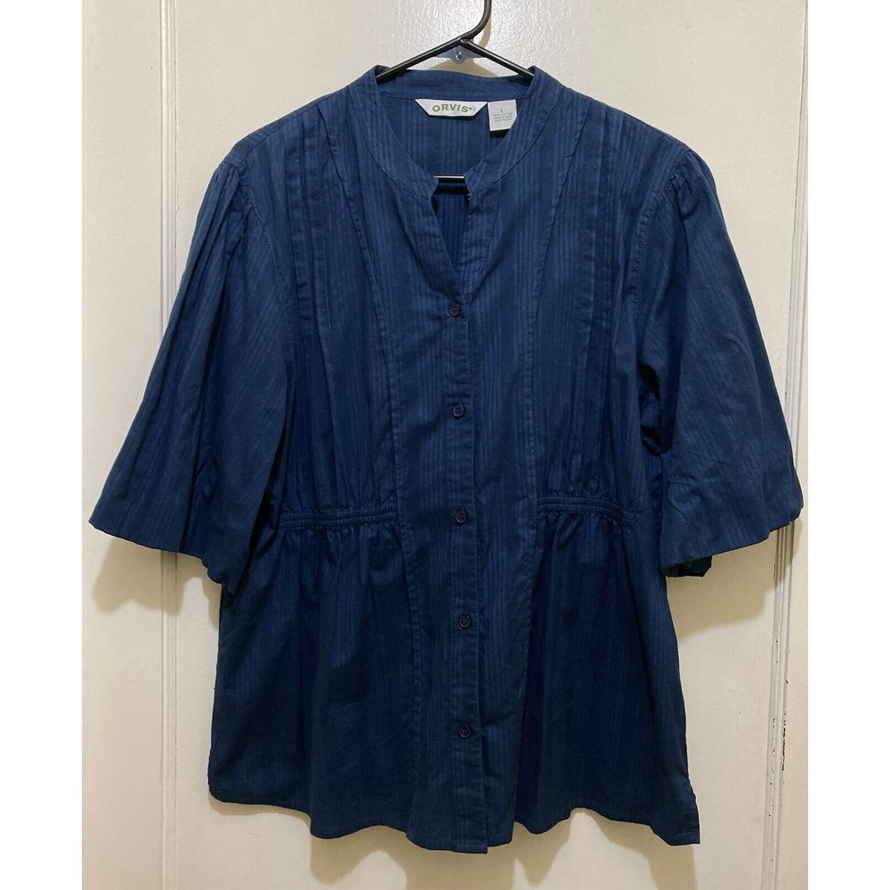 Orvis Top Women's L Blue Pleated Tunic Blouse 3/4 Sleeve Babydoll Elastic Waist